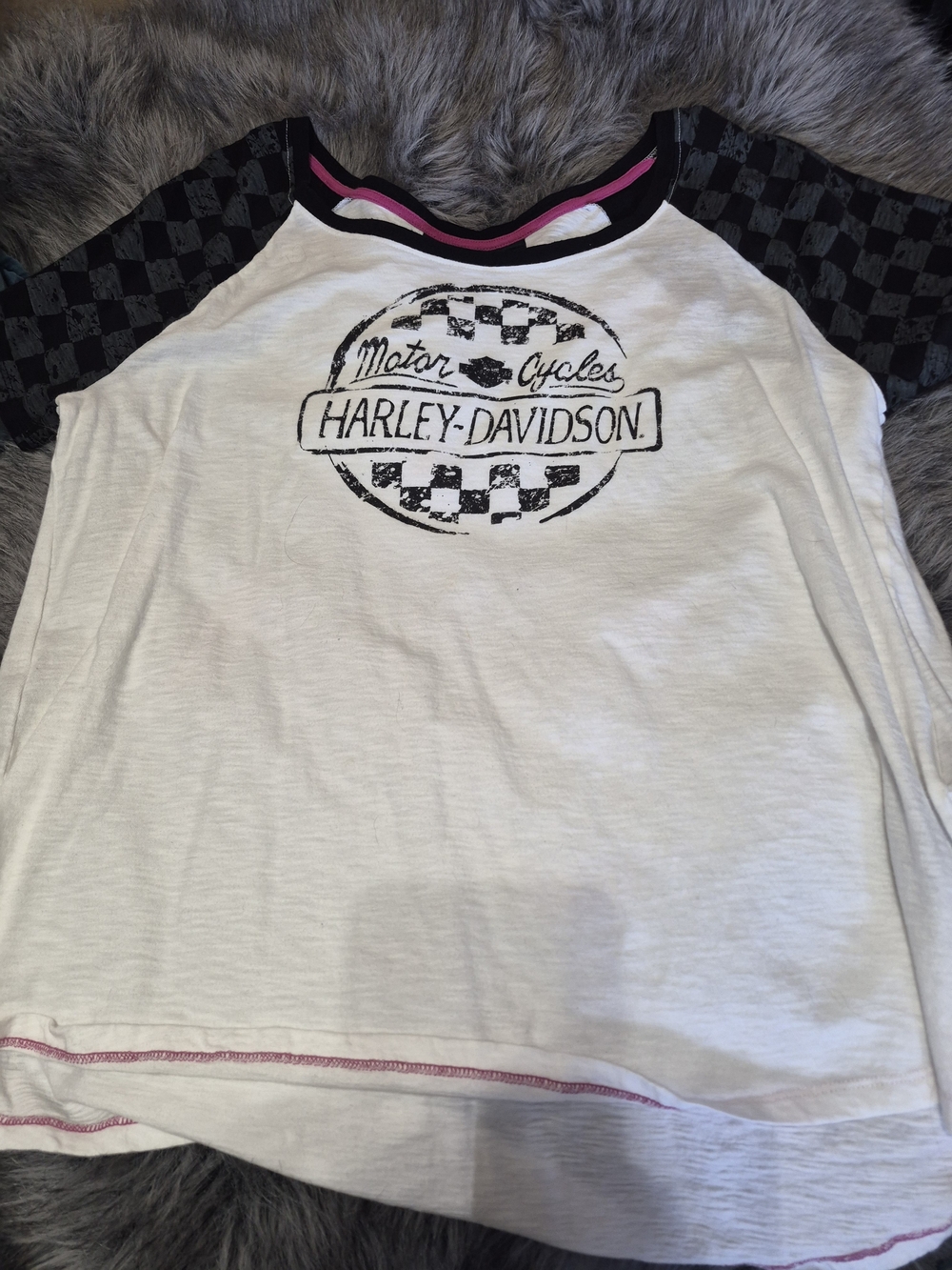 Women's Harley-Davidson White Tee with Black Checkered Raglan Sleeves
